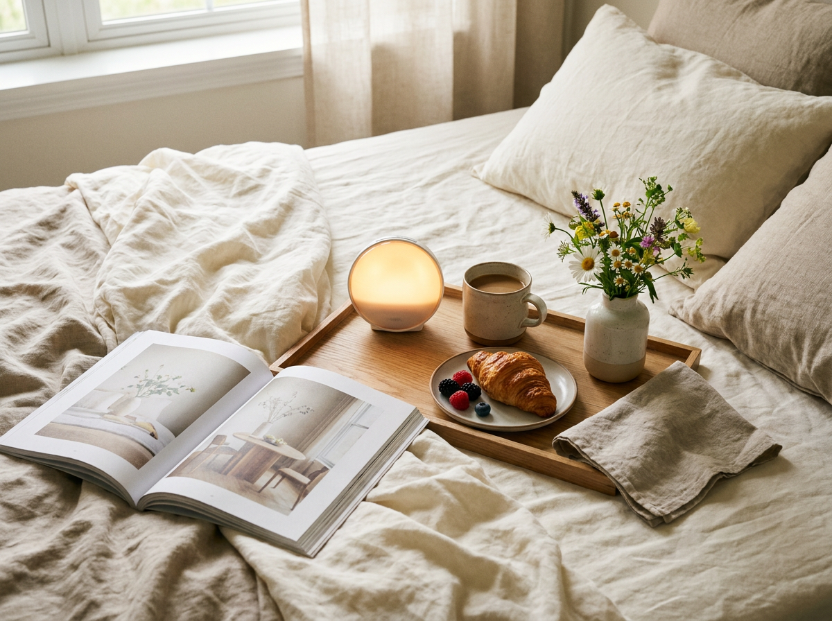 Petit-déjeuner au lit avec un petit réveil lever de soleil brillant à proximité