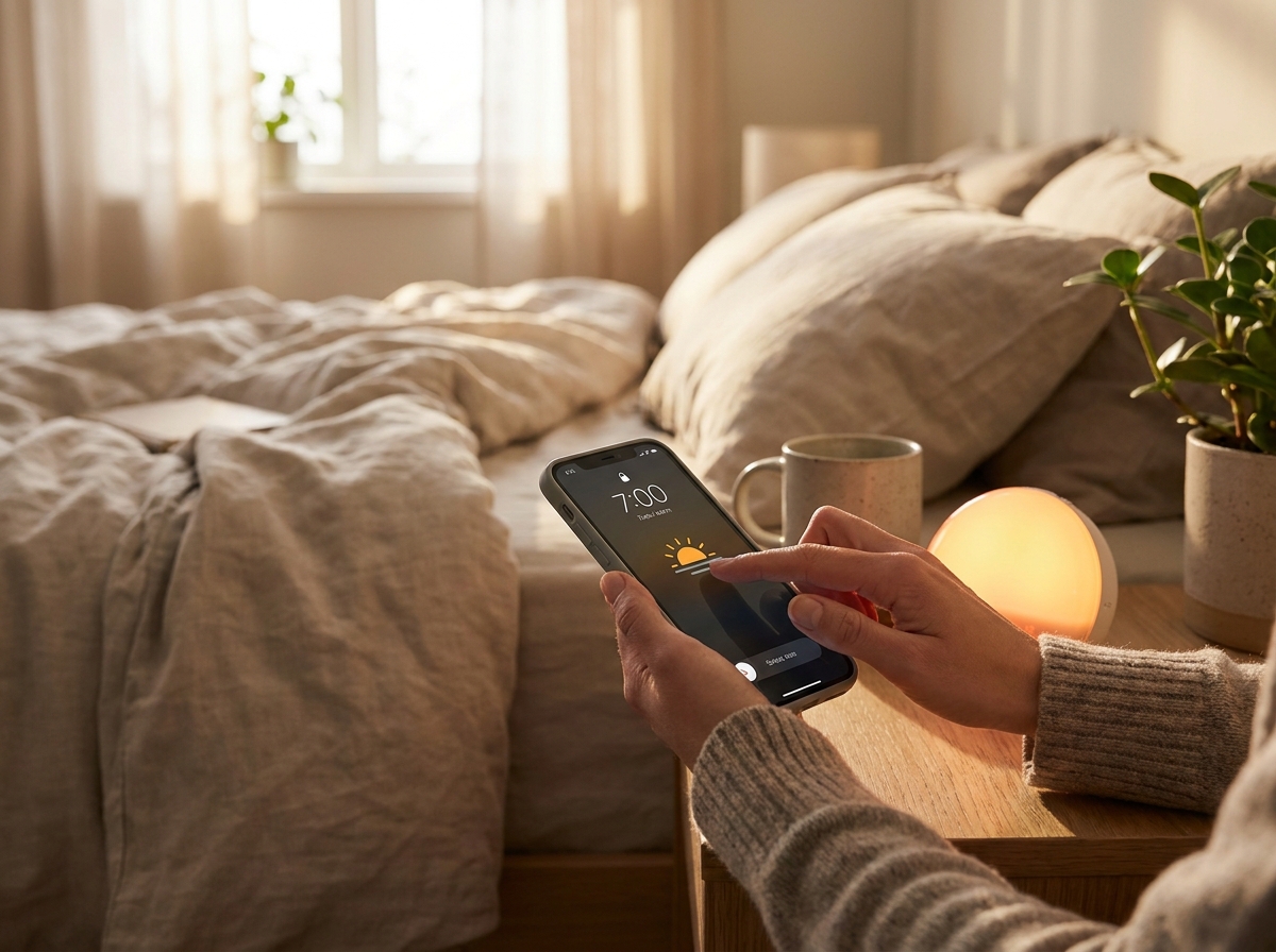 Une alarme de téléphone coupée à côté d'un réveil lever de soleil