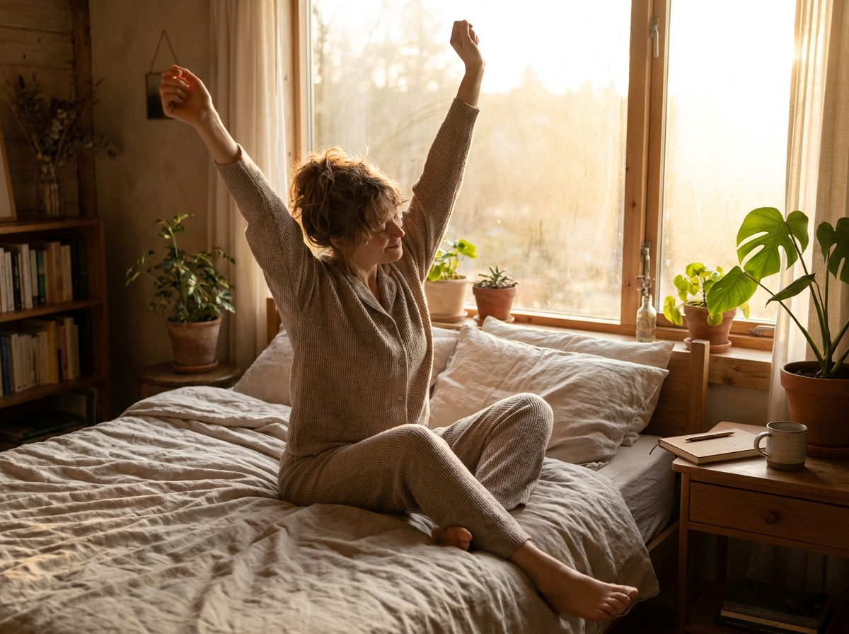 Une personne s'étirant confortablement dans son lit alors qu'une douce lumière de lever de soleil remplit la pièce