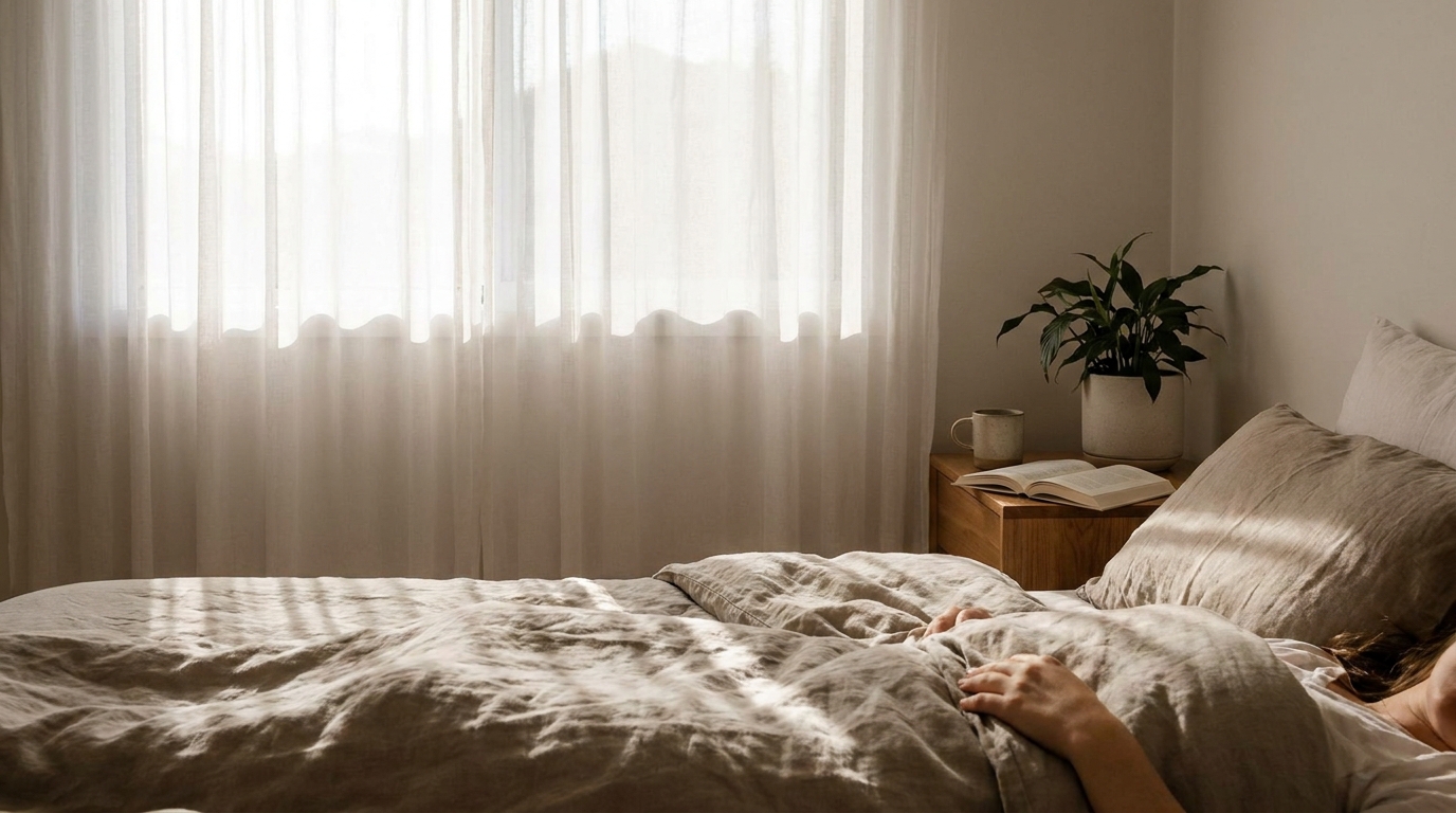 Douce lumière naturelle à travers les rideaux sur un lit