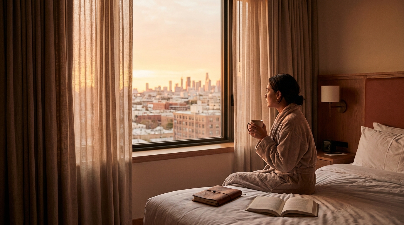 Lever de soleil par la fenêtre d'un hôtel